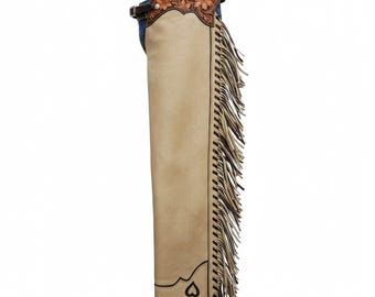 Handmade Leather Cowboy Chaps – Western Rodeo Fringe Chaps with Tooled Floral Design