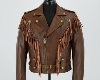 Chaqueta de cuero marrón con flecos, chaqueta de motociclista vintage, abrigo estilo vaquero occidental