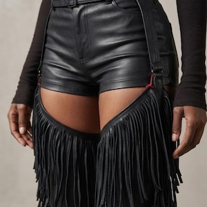 Black Faux Leather Fringe Chaps - Gothic Punk Festival Wear - Adjustable Belted Leg Wraps