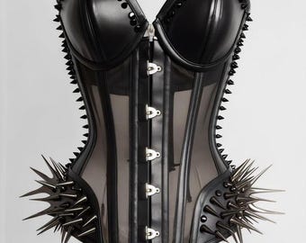 Gothic Spiked Corset Top – Black Faux Leather & Mesh Bustier with Metal Studs