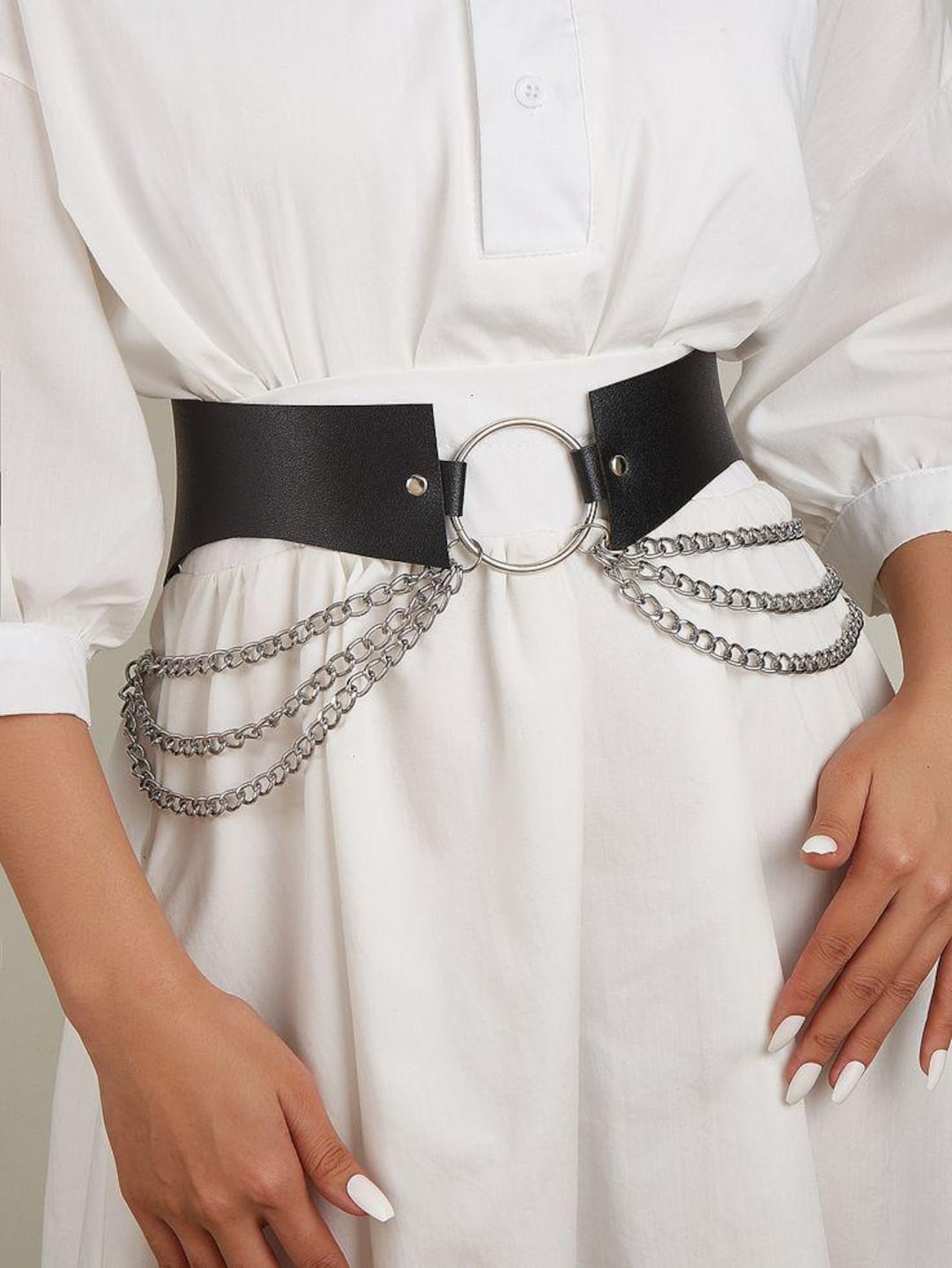 Wide Black Faux Leather Cinch Belt With Silver Chains Oversized O