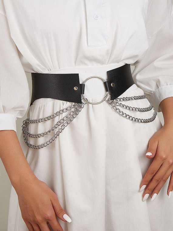 Wide Black Faux Leather Cinch Belt With Silver Chains 