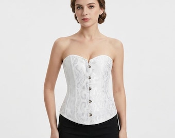 Overbust Corset Victorian Floral Lace-Up Cincher  Elegant White Brocade