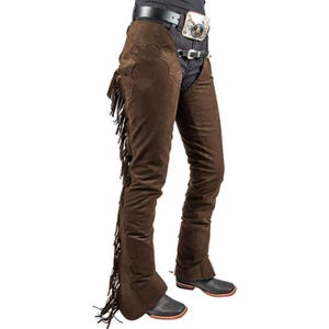 Handmade Brown Suede Leather Chaps with Fringe – Western Cowboy Rodeo Gear