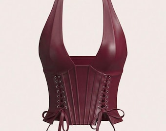 Burgundy Leather Corset Top | Halter Neck Lace-Up Bustier | Gothic Clubwear Crop Top for Women