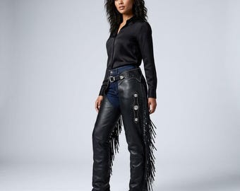 Handcrafted Black Leather Western Leg Chaps with Fringe & Concho Detail – Unisex Cowboy Rodeo Gear