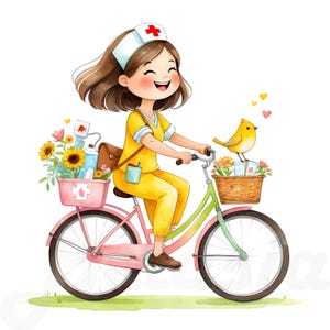 Conjunto de 18 imágenes prediseñadas de enfermeras lindas, ilustraciones de enfermeras, paquete de vida de enfermera, enfermera con mascotas y flores, PNG médico, fondo transparente