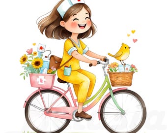 May include: A cartoon illustration of a nurse wearing a white hat with a red cross riding a pink bicycle with a basket full of flowers and medical supplies. A yellow bird is perched on the basket.