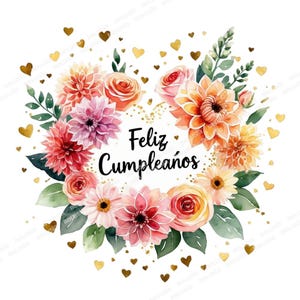 Feliz Cupleanos PNG, Aquarell Geburtstag Blumen Clipart, Spanische Blumenherz Illustration, Transparenter Hintergrund