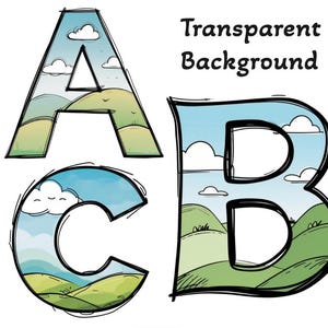 Alfabeto y números escénicos PNG, clipart de letras inspiradas en la naturaleza, fuente de dibujos animados dibujada a mano, letras temáticas de exteriores, fuente digital de garabatos
