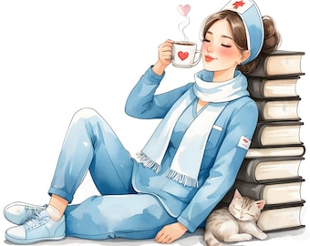 May include: A watercolor illustration of a nurse in blue scrubs and a white scarf, sitting with a cup of coffee and a cat. The nurse is wearing a red heart on her hat and the cat is sleeping on a stack of books.