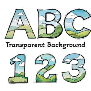 Cartoon Landscape Alphabet & Numbers Clipart PNG, Hand-Drawn Letters with Nature Scenery, Fun Doodle Font, Canva Design Letters, Download