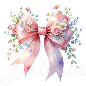 Watercolor Pink Bows PNG: Floral Ribbon Clipart (Digital Download)