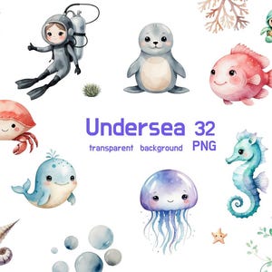 32 Undersea Clipart PNG, Cute Ocean Animals & Nautical Elements, Sea Animals PNG, Baby Shower Decor, Underwater Clipart, Instant Download
