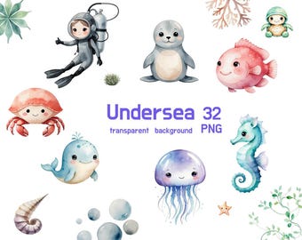 32 PNG Underwater Clipart, Cute Ocean Animals & Sea Elements, Marine Life PNG, Kids Party Decor, Sea Creatures Clipart, Instant Download