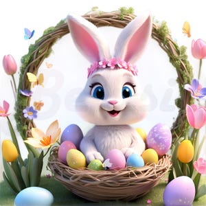 Joyeuses Pâques Clipart 19 PNG, lapin avec fleurs et oeufs 3D, lapin de fête du printemps, téléchargement numérique, journal indésirable, créations en papier, imprimable