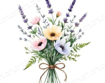 May include: Watercolor illustration of a floral bouquet featuring lavender, anemones, and greenery. The bouquet includes pink, yellow, and white flowers, tied with a brown twine bow. The arrangement is set against a white background.
