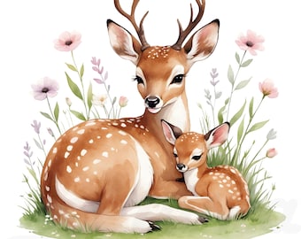 17 imágenes PNG de familia de ciervos, ilustración de un cervatillo en acuarela, animales lindos del bosque, imágenes PNG del Día de la Madre, fondo transparente, ciervo bebé PNG
