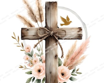18 PNG Floral Cross Clipart, Watercolor Christian Cross & Flowers, Pastel Easter Religious Art, High-Quality Transparent Background, Digital