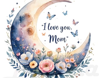 15 PNG I Love You Mom Clipart, Mother's Day Watercolor Illustrations, Floral Moon, Mother's Day PNG, Umbrella, Transparent Background