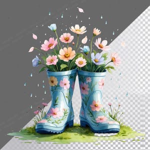 10 PNG Rain Boots & Flowers Clipart, Watercolor Floral Boots PNG, Spring Garden Boots Illustration,Transparent Background,Cute Gardening Art