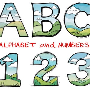 Alfabeto y números PNG, arte de letras y números estilo doodle, letras de diario basura, fondo transparente