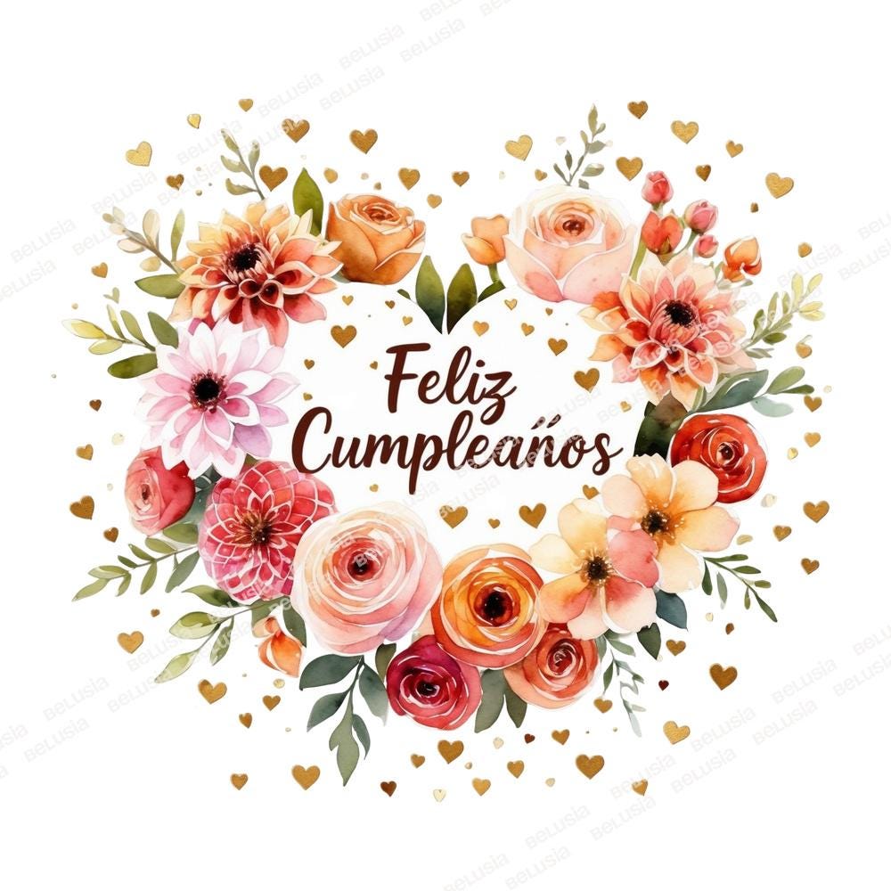 Feliz Cumpleanos PNG, Watercolor Birthday Flowers Clipart, Spanish Floral Heart Illustration, Transparent Background