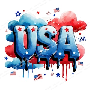 USA Lettering Clipart Bundle - 18 Png, 4th of July Sublimation, Independence Day USA, Patriotic Watercolor USA png Designs