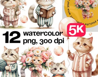 12 PNG Cute Cat in Pajamas | Cozy Cats Bundle, Digital Download, Transparent Background, Adorable Kitten for Sublimation, Watercolor Clipart