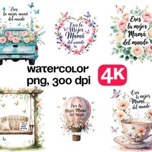 18 PNG Eres la Mejor Mamá del Mundo Clipart, citation espagnole pour la fête des mères, aquarelle floral PNG, téléchargement immédiat, fond Transparent