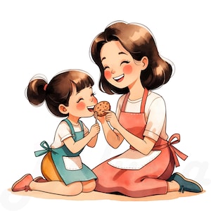 21 imágenes PNG de madre e hija cocinando, linda ilustración familiar horneando, acuarela de madre e hija, arte de cocina, descarga digital