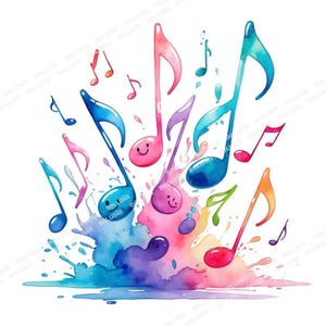 Clipart de notas musicales en acuarela: Arte salpicado de clave de sol arcoíris (Descarga digital PNG)
