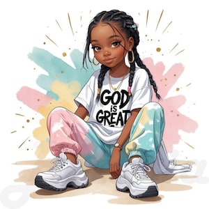 May include: A young girl with braids sits with her legs crossed, wearing a white t-shirt with the text "GOD IS GREAT" in black lettering, pink and blue tie-dye pants, and white sneakers.