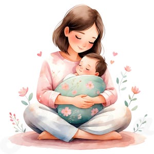 21 PNG 母親と赤ちゃんのクリップアート、水彩画のママと新生児、花柄の母の日イラスト、かわいい家族のクリップアート、デジタル ダウンロード