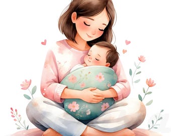 21 PNG Mother and Baby Clipart, Watercolor Mom and Newborn, Floral Mother's Day Illustration, Cute Family Clipart, Digital Download