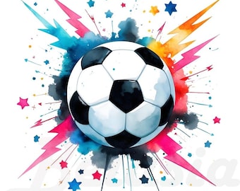 May include: A watercolor illustration of a soccer ball with a colorful background of splattered paint and lightning bolts. The background is a mix of blue, pink, orange, and yellow.
