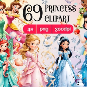 69 PNG Princess Clipart, Watercolor Princess Dress PNG, Fairytale Girl Illustration, Princess Party Decor, Cute Princess PNG Download