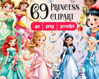69 PNG Princess Clipart, Watercolor Princess Dress PNG, Fairytale Girl Illustration, Princess Party Decor, Cute Princess PNG Download