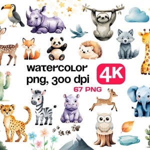 Aquarelle animaux de safari et clipart Nature - 67 PNG, bébé bohème animaux de la jungle, lot Safari neutre, clipart animaux de la forêt mignon faune