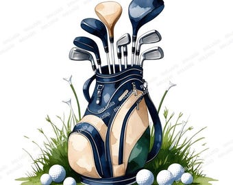Pakiet 14 PNG Golf Clipart, Akwarelowy worek golfowy, Sylwetka golfisty, Clipart trofeów i wózków, Przezroczyste tło, Ilustracje pól golfowych