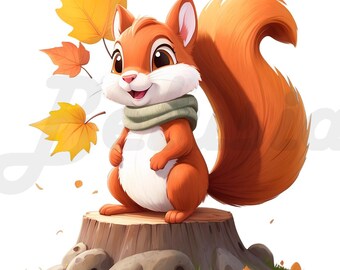 16 PNG Cute Cartoon Squirrel Clipart, Digital Download, Adorable Woodland Animal, Transparent Background, Scrapbooking, Paper Crafts