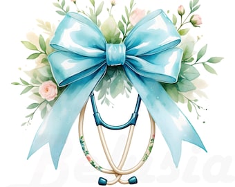 May include: Watercolor illustration of a stethoscope with a light blue bow and floral accents. The stethoscope is draped over the bow, with a bouquet of leaves and pink flowers in the background. The design is on a white background.