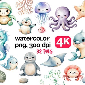 Unterwasser Aquarell Clipart - 32 PNG, niedliche Meerestiere, Ozean Clipart, Qualle Krake, Nautik Clip Art, Unterwasser, Babyparty