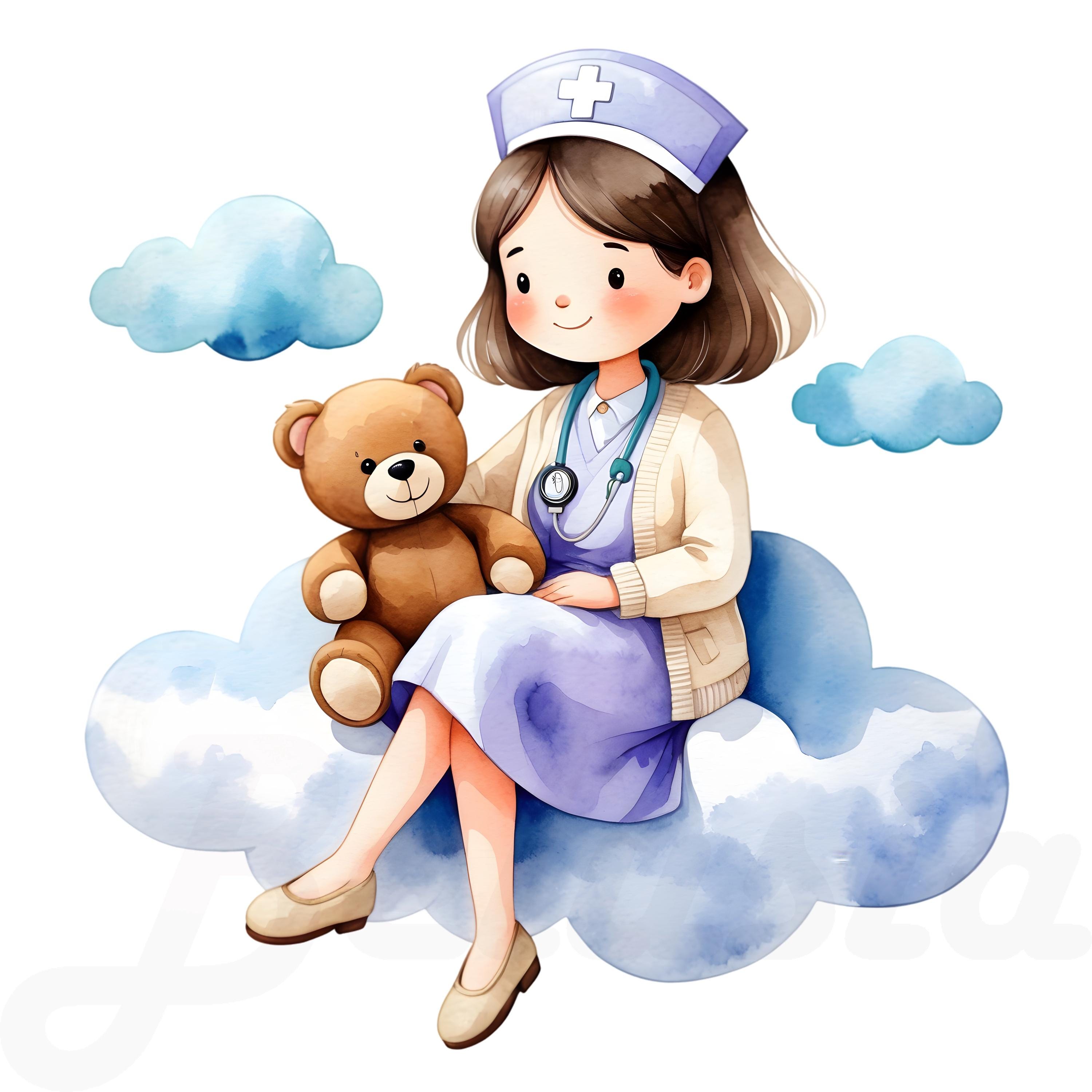 Cute nurse illustrations, female-focused.