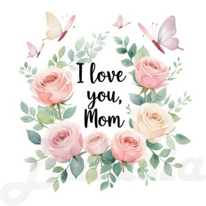 Je t'aime clipart maman 18 PNG, illustrations aquarelles pour la fête des mères, bicyclette florale, parapluie, tasse à thé, roses, médaillon, clipart pastel