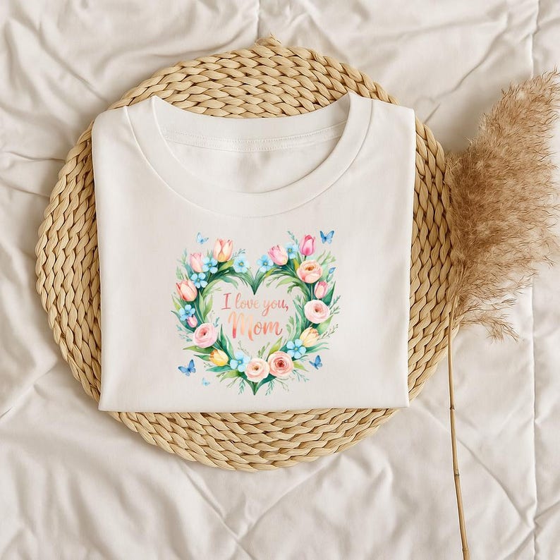 May include: White t-shirt with a floral heart design. The heart is composed of pink, yellow, and blue flowers, with the words "I love you, Mom" in the center. The shirt is on a woven mat.