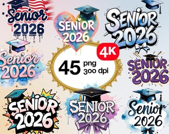 Senior 2026 PNG Clipart - 45 Bundle, Sublimationsdesign für Abschlussfeier, Klasse von 2026 Grafiken, digitaler Download, Abschluss PNG
