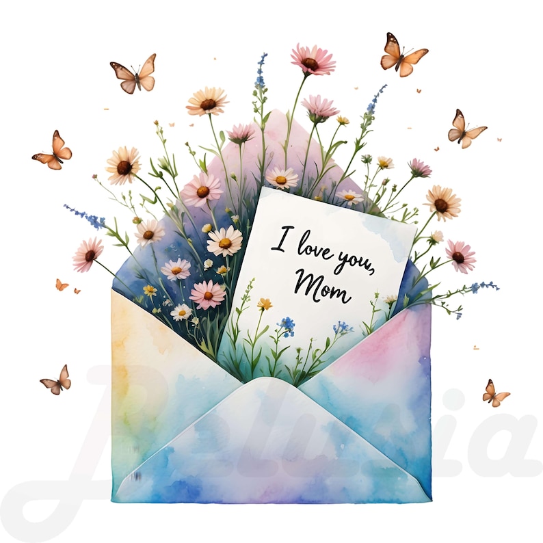 May include: Watercolor illustration of an envelope filled with flowers and a card that reads "I love you, Mom." The envelope is a mix of pastel colors, with butterflies fluttering around the flowers. The flowers include daisies and other wildflowers.