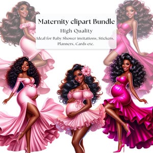 Pacote de clipart de maternidade | Clipart de mulher grávida negra | Clipart de chá de bebê | Vestido Rosa PNG | Futura mamãe afro | Adesivos para planejador