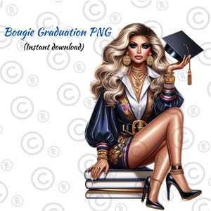 Bougie-Abschluss PNG | Glamouröse blonde Absolventin Clipart | Stilvolles Abschlussmädchen herunterladen | Luxusmode-Abschlussillustration
